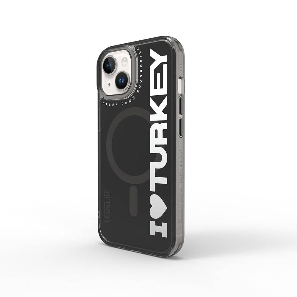 Apple iPhone 15 Kılıf M-safe Şarj Özellikli I Love Turkey Yazı Desenli Wiwu Turkey E Serisi Kapak Yeşil