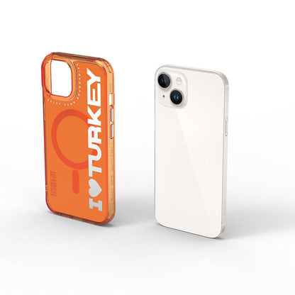 Apple iPhone 15 Kılıf M-safe Şarj Özellikli I Love Turkey Yazı Desenli Wiwu Turkey E Serisi Kapak Turuncu