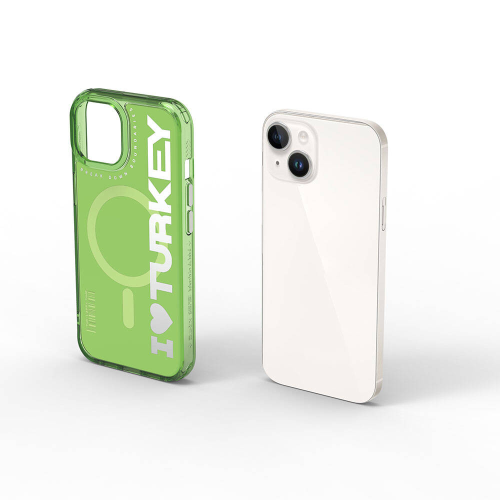 Apple iPhone 15 Kılıf M-safe Şarj Özellikli I Love Turkey Yazı Desenli Wiwu Turkey E Serisi Kapak Yeşil