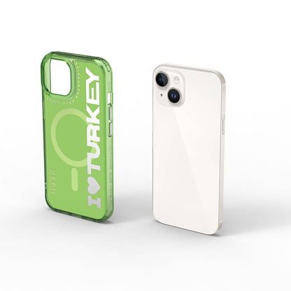 Apple iPhone 15 Kılıf M-safe Şarj Özellikli I Love Turkey Yazı Desenli Wiwu Turkey E Serisi Kapak Turuncu