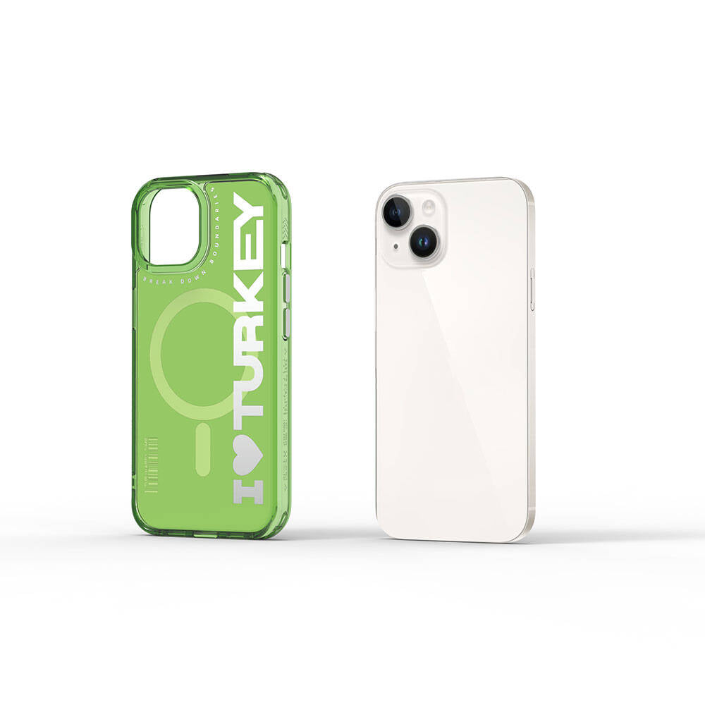 Apple iPhone 15 Kılıf M-safe Şarj Özellikli I Love Turkey Yazı Desenli Wiwu Turkey E Serisi Kapak Yeşil