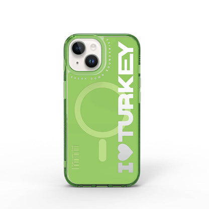 Apple iPhone 15 Kılıf M-safe Şarj Özellikli I Love Turkey Yazı Desenli Wiwu Turkey E Serisi Kapak Yeşil