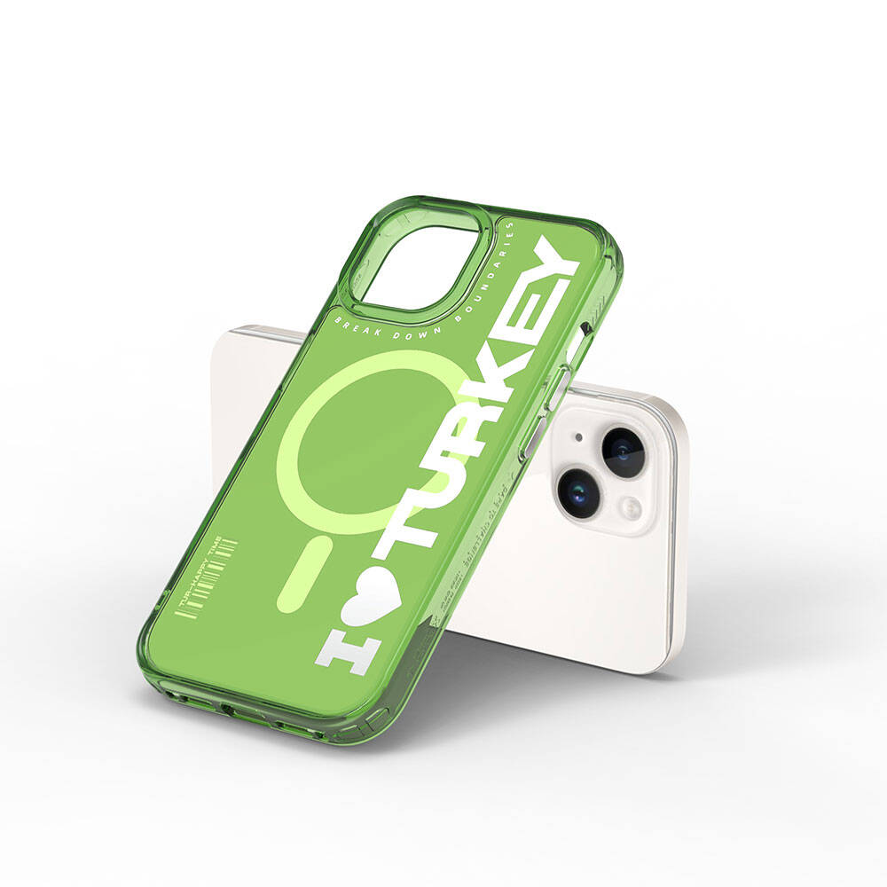 Apple iPhone 15 Kılıf M-safe Şarj Özellikli I Love Turkey Yazı Desenli Wiwu Turkey E Serisi Kapak Yeşil