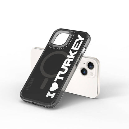 Apple iPhone 15 Kılıf M-safe Şarj Özellikli I Love Turkey Yazı Desenli Wiwu Turkey E Serisi Kapak Yeşil