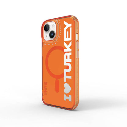 Apple iPhone 15 Kılıf M-safe Şarj Özellikli I Love Turkey Yazı Desenli Wiwu Turkey E Serisi Kapak Turuncu