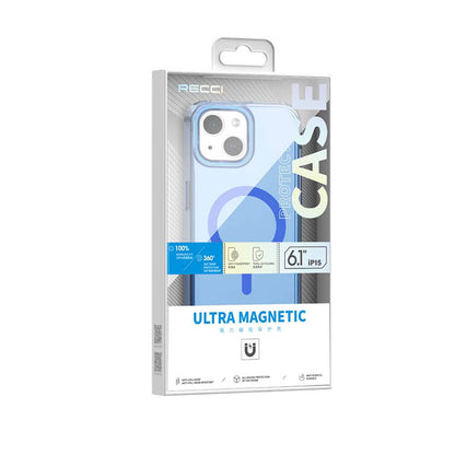 Apple iPhone 15 Kılıf M-safe Şarj Özellikli Saydam Arka Yüzey Recci Crystal Color Serisi Kapak Mavi