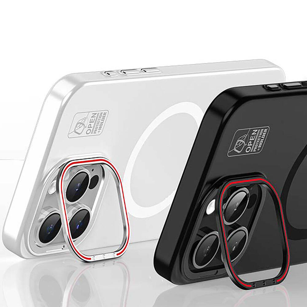 Apple iPhone 15 Kılıf M-safe Şarj Özellikli Standlı Metal Kamera Çerçeveli Mat Recci Glaze Serisi Kapak Beyaz