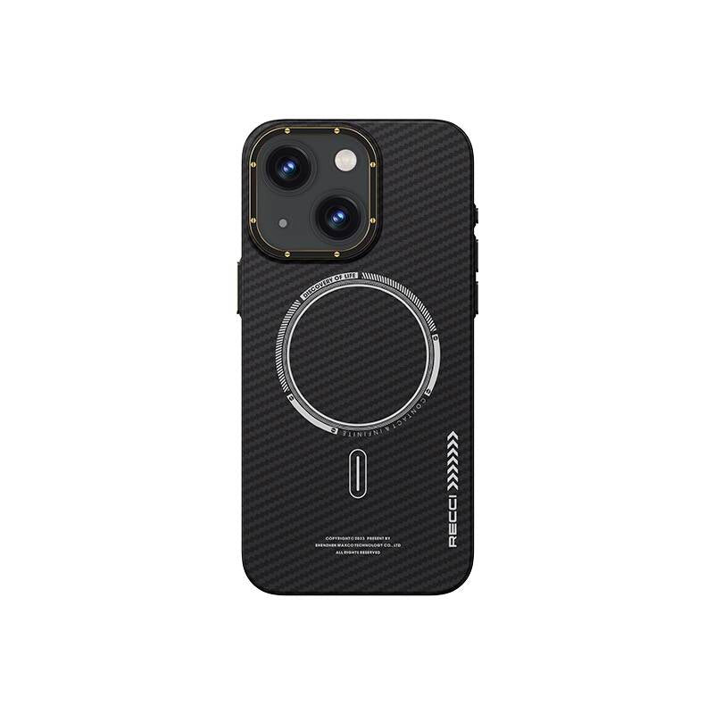 Apple iPhone 15 Kılıf Recci Machinist Serisi M-safe Şarj Özellikli Magnetik Karbon Kapak Gri