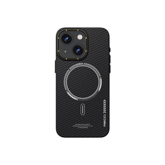 Apple iPhone 15 Kılıf Recci Machinist Serisi M-safe Şarj Özellikli Magnetik Karbon Kapak Siyah