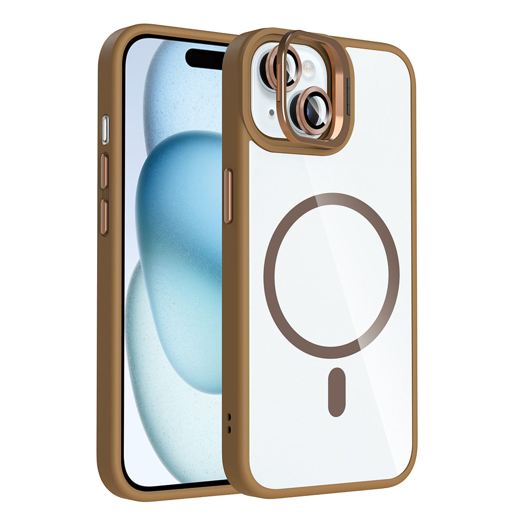 Apple iPhone 15 Kılıf Standlı ve Kamera Lens Hediyeli M-Safe Şarj Özellikli Zore Etro Kapak Siyah