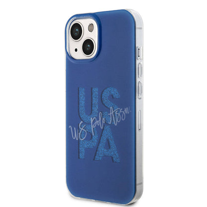 Apple iPhone 15 Kılıf U.S. Polo Assn. Orjinal Lisanslı Simli Parlak Alfabe Tasarım Kapak Mavi