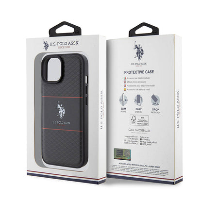 Apple iPhone 15 Kılıf U.S. Polo Assn. Orjinal Lisanslı Deri Şeritli Logo Dizayn Kapak Lacivert