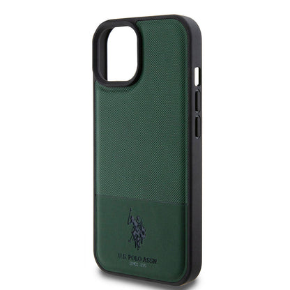Apple iPhone 15 Kılıf U.S. Polo Assn. Orjinal Lisanslı Suni Deri Arka Yüzey Baskı Logolu Örgü Desenli Kapak Yeşil