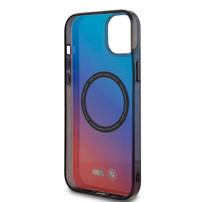Apple iPhone 15 Plus Kılıf BMW M-safe Şarj Özellikli Transparan Renk Geçişli Dizayn Orjinal Lisanslı Kapak Mavi-Kırmızı