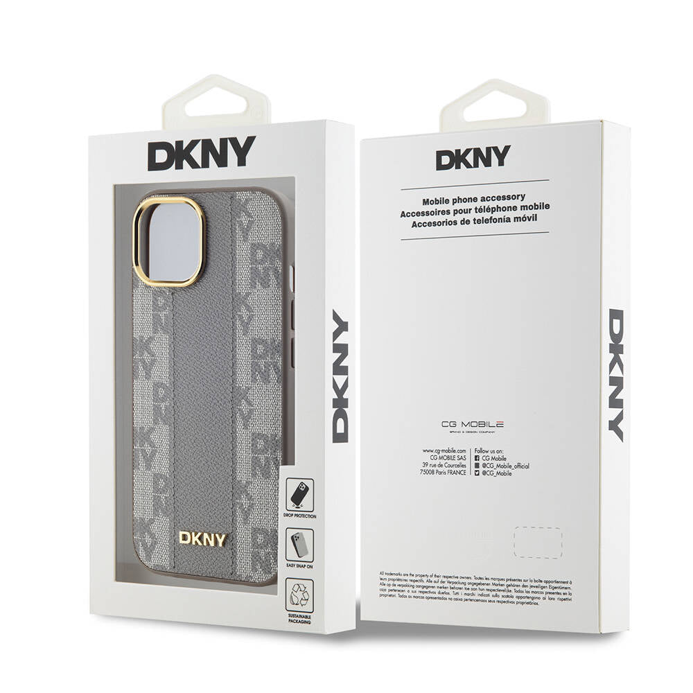 Apple iPhone 15 Plus Kılıf DKNY Orjinal Lisanslı M-safe Şarj Özellikli 3D Yazılı Checkered Pattern Kapak Siyah