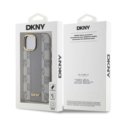 Apple iPhone 15 Plus Kılıf DKNY Orjinal Lisanslı M-safe Şarj Özellikli 3D Yazılı Checkered Pattern Kapak Siyah