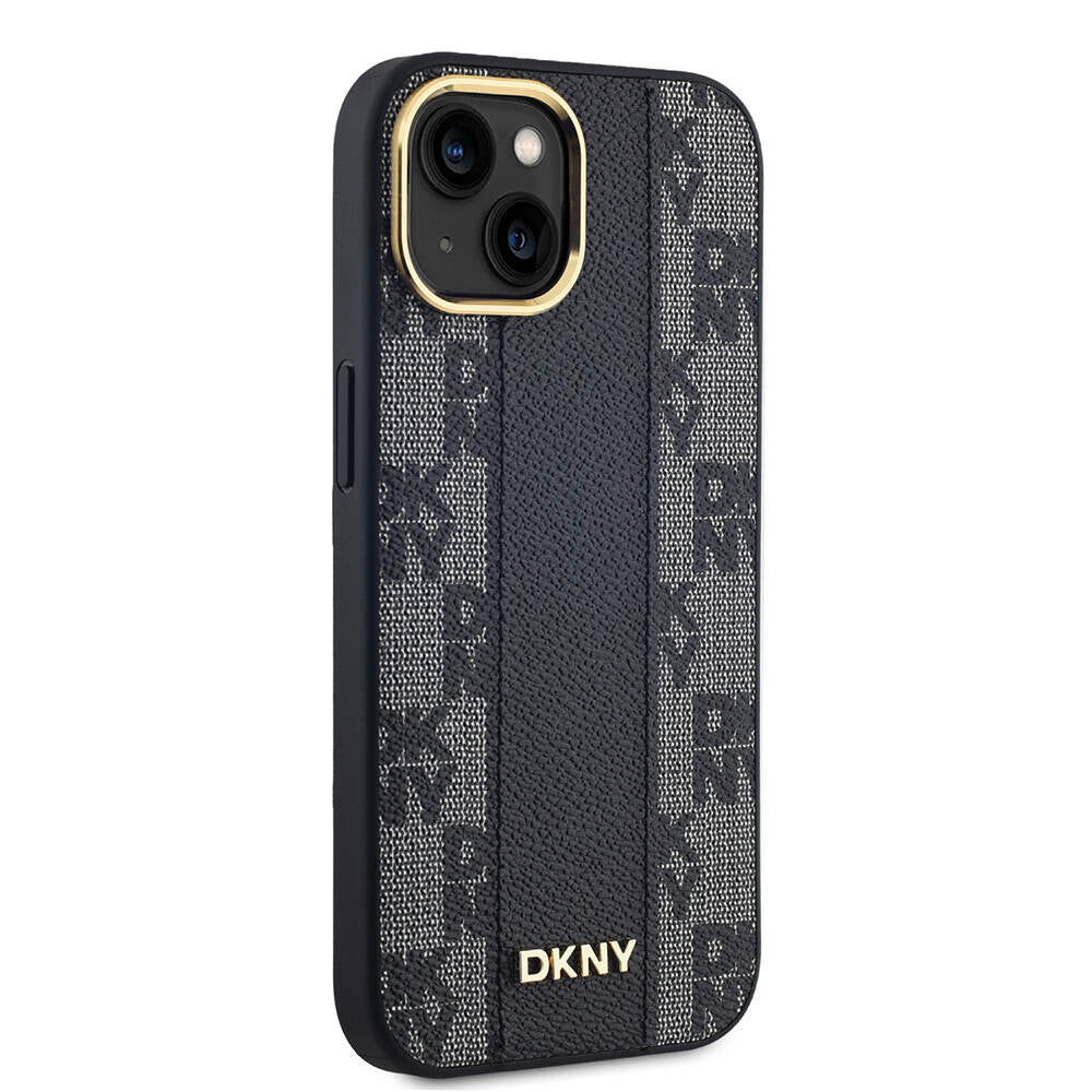 Apple iPhone 15 Plus Kılıf DKNY Orjinal Lisanslı M-safe Şarj Özellikli 3D Yazılı Checkered Pattern Kapak Siyah