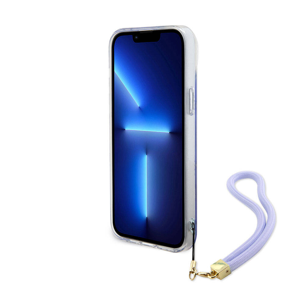 Apple iPhone 15 Plus Kılıf Guess Orjinal Lisanslı Desenli Yazı Logolu Askı İpli Holografik Glitter Peony Kapak Mor