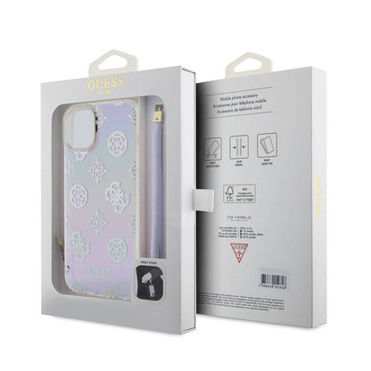 Apple iPhone 15 Plus Kılıf Guess Orjinal Lisanslı Desenli Yazı Logolu Askı İpli Holografik Glitter Peony Kapak Pembe