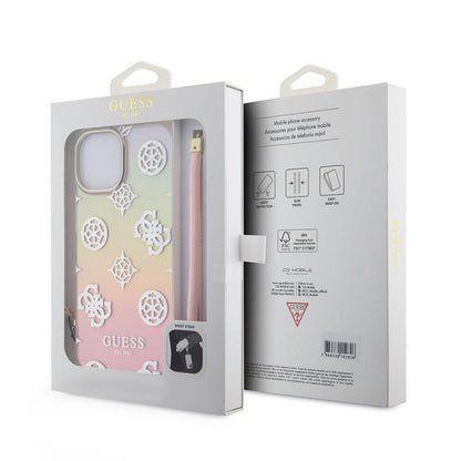 Apple iPhone 15 Plus Kılıf Guess Orjinal Lisanslı Desenli Yazı Logolu Askı İpli Holografik Glitter Peony Kapak Turkuaz