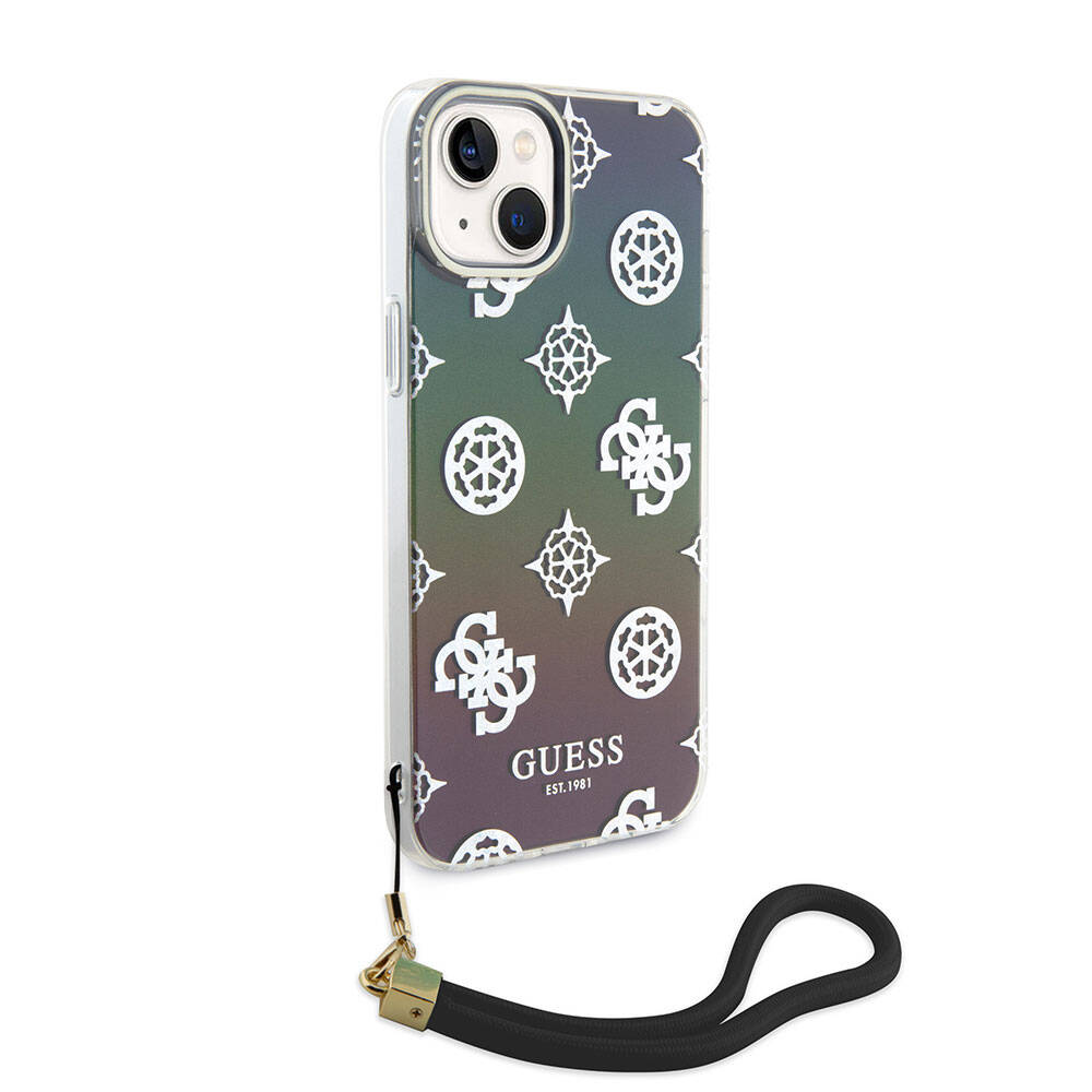 Apple iPhone 15 Plus Kılıf Guess Orjinal Lisanslı Desenli Yazı Logolu Askı İpli Holografik Glitter Peony Kapak Siyah