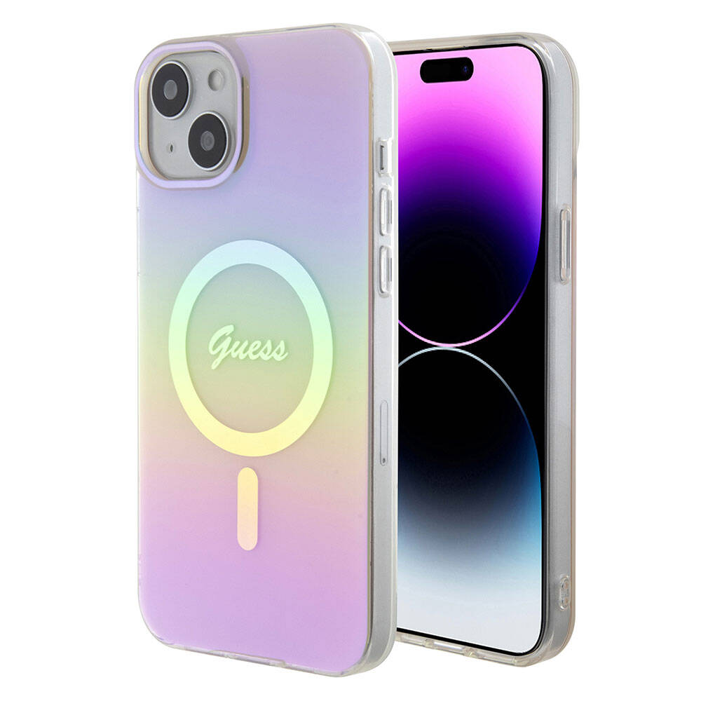 Apple iPhone 15 Plus Kılıf Guess Orjinal Lisanslı M-safe Şarj Özellikli Yazı Logolu Iridescent Kapak Turkuaz