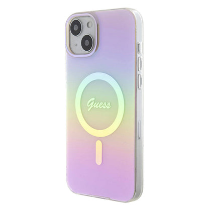 Apple iPhone 15 Plus Kılıf Guess Orjinal Lisanslı M-safe Şarj Özellikli Yazı Logolu Iridescent Kapak Pembe