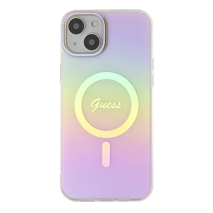 Apple iPhone 15 Plus Kılıf Guess Orjinal Lisanslı M-safe Şarj Özellikli Yazı Logolu Iridescent Kapak Pembe