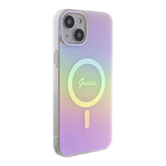 Apple iPhone 15 Plus Kılıf Guess Orjinal Lisanslı M-safe Şarj Özellikli Yazı Logolu Iridescent Kapak Pembe