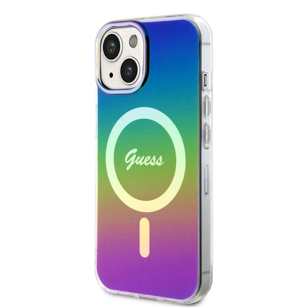 Apple iPhone 15 Plus Kılıf Guess Orjinal Lisanslı M-safe Şarj Özellikli Yazı Logolu Iridescent Kapak Pembe