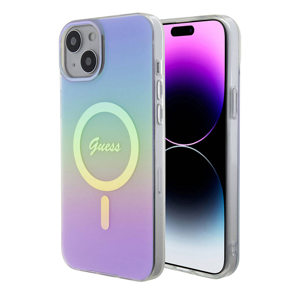 Apple iPhone 15 Plus Kılıf Guess Orjinal Lisanslı M-safe Şarj Özellikli Yazı Logolu Iridescent Kapak Siyah