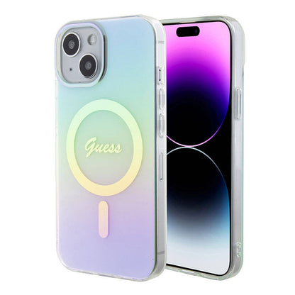 Apple iPhone 15 Plus Kılıf Guess Orjinal Lisanslı M-safe Şarj Özellikli Yazı Logolu Iridescent Kapak Turkuaz