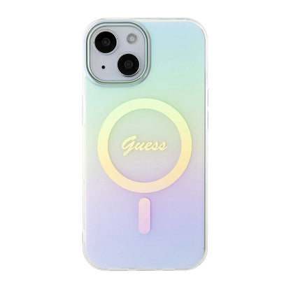 Apple iPhone 15 Plus Kılıf Guess Orjinal Lisanslı M-safe Şarj Özellikli Yazı Logolu Iridescent Kapak Pembe