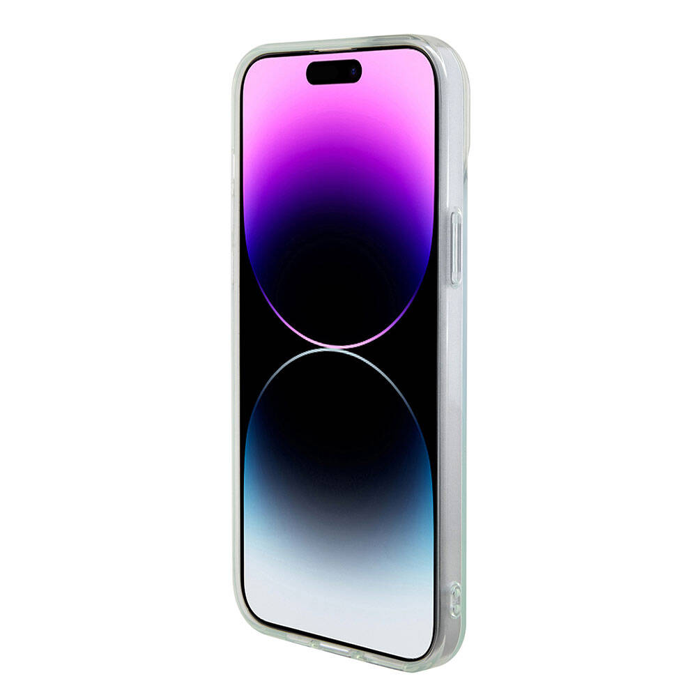 Apple iPhone 15 Plus Kılıf Guess Orjinal Lisanslı M-safe Şarj Özellikli Yazı Logolu Iridescent Kapak Mor