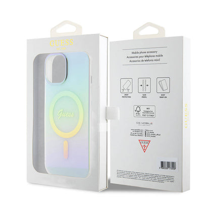 Apple iPhone 15 Plus Kılıf Guess Orjinal Lisanslı M-safe Şarj Özellikli Yazı Logolu Iridescent Kapak Mor