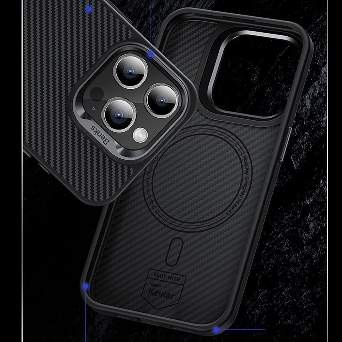 Apple iPhone 15 Plus Kılıf Karbon Fiber M-safe Şarj Özellikli Benks Hybrid ArmorPro 600D Kevlar Kapak Siyah