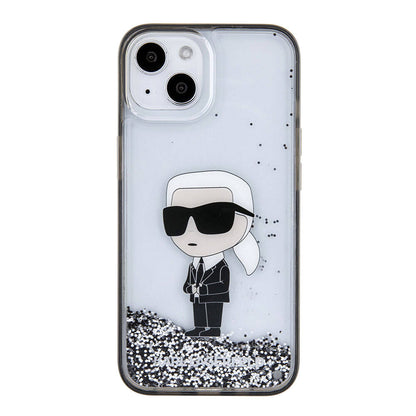 Apple iPhone 15 Plus Kılıf Karl Lagerfeld İkonik Sıvılı Glitter Orjinal Lisanslı Kapak Renksiz