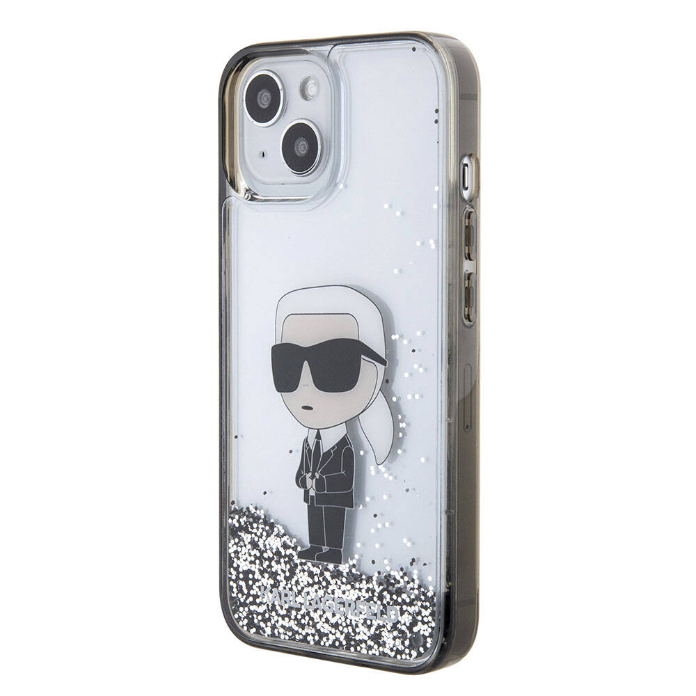 Apple iPhone 15 Plus Kılıf Karl Lagerfeld İkonik Sıvılı Glitter Orjinal Lisanslı Kapak Renksiz