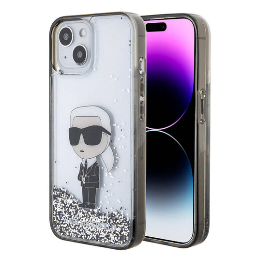 Apple iPhone 15 Plus Kılıf Karl Lagerfeld İkonik Sıvılı Glitter Orjinal Lisanslı Kapak Renksiz