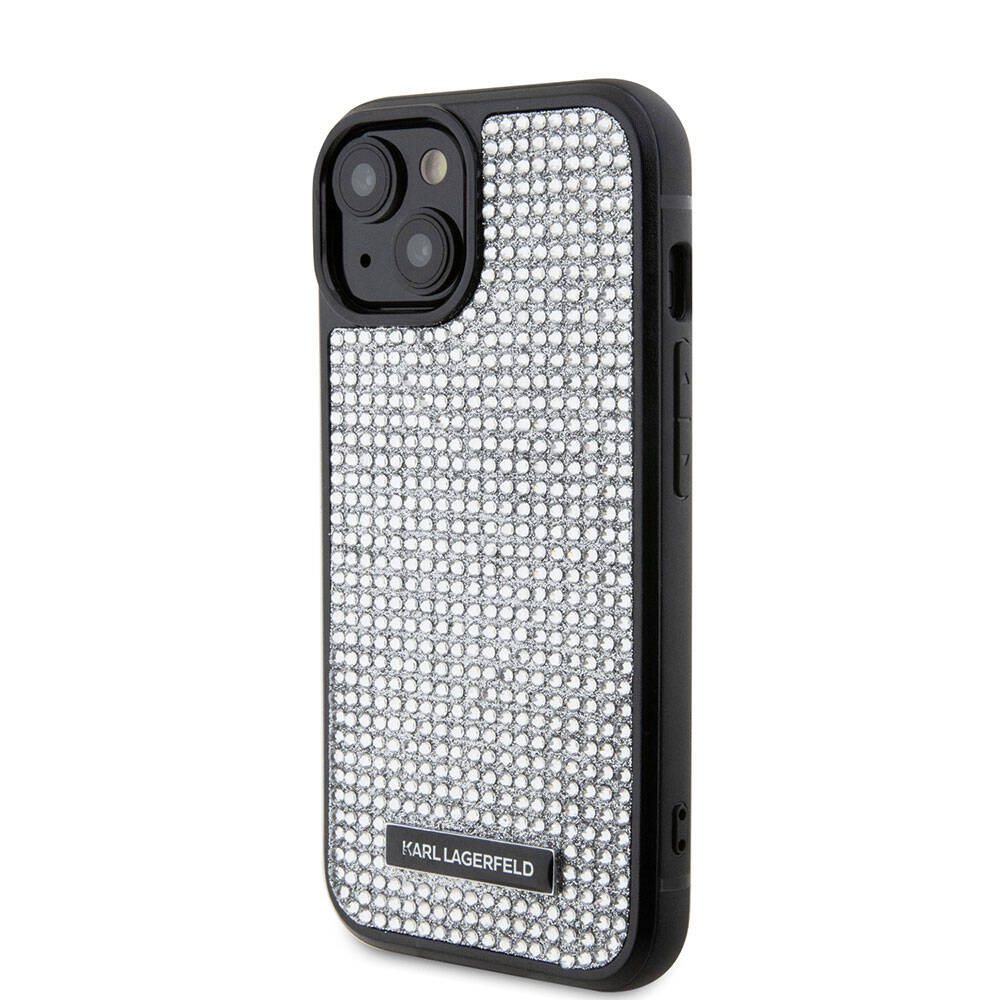 Apple iPhone 15 Plus Kılıf Karl Lagerfeld Taşlı Metal Logo Orjinal Lisanslı Kapak Siyah