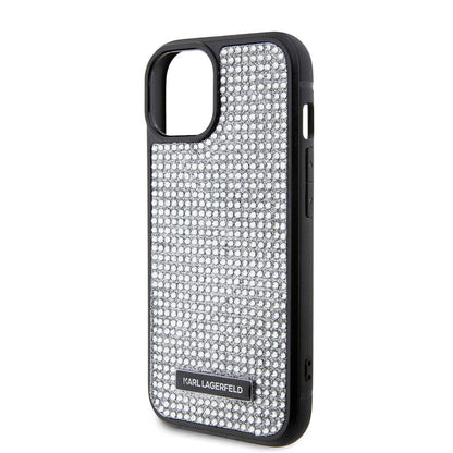 Apple iPhone 15 Plus Kılıf Karl Lagerfeld Taşlı Metal Logo Orjinal Lisanslı Kapak Gümüş