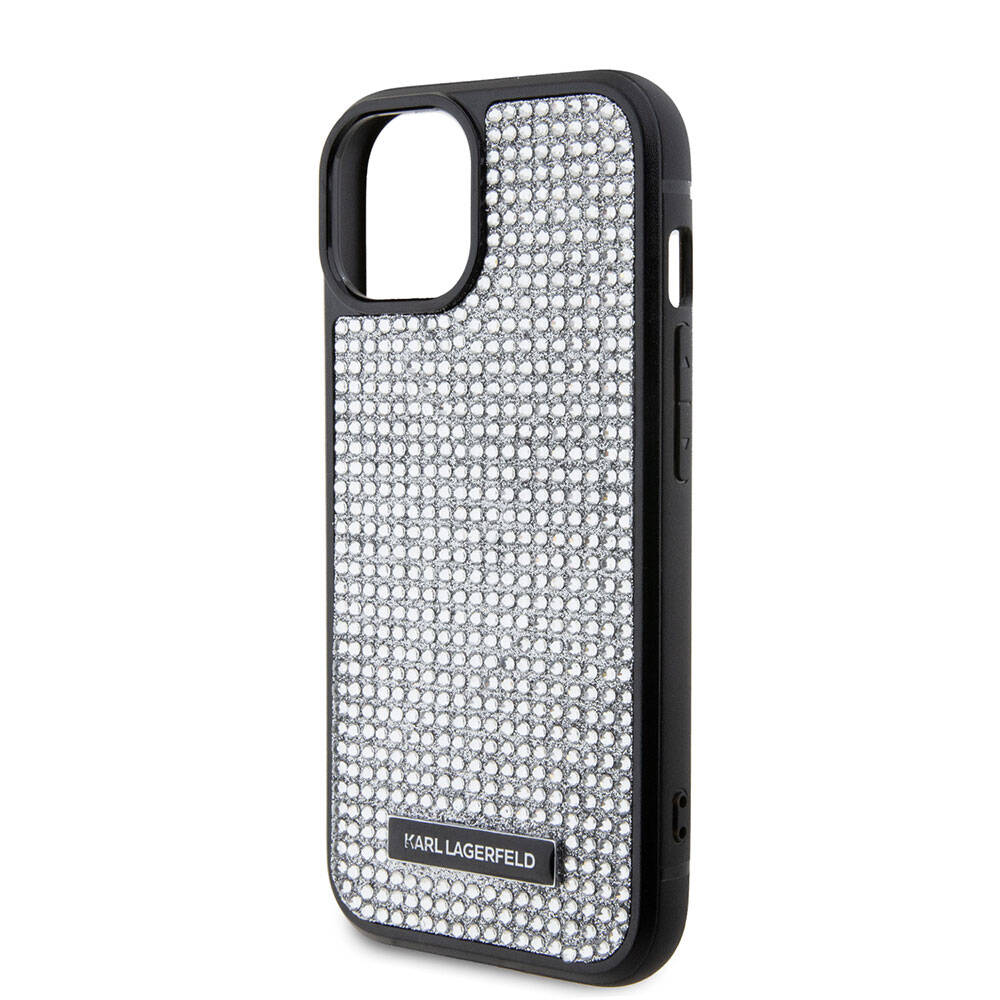 Apple iPhone 15 Plus Kılıf Karl Lagerfeld Taşlı Metal Logo Orjinal Lisanslı Kapak Siyah