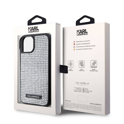 Apple iPhone 15 Plus Kılıf Karl Lagerfeld Taşlı Metal Logo Orjinal Lisanslı Kapak Siyah