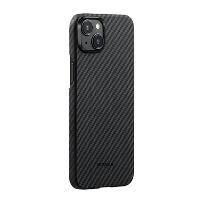Apple iPhone 15 Plus Kılıf M-safe Şarj Özellikli 1500D Aramid Fiber Pitaka Ultra-Slim Classic Serisi Black-Grey Twill Kapak Siyah-Gri