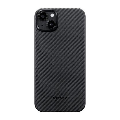 Apple iPhone 15 Plus Kılıf M-safe Şarj Özellikli 1500D Aramid Fiber Pitaka Ultra-Slim Classic Serisi Black-Grey Twill Kapak Siyah-Gri