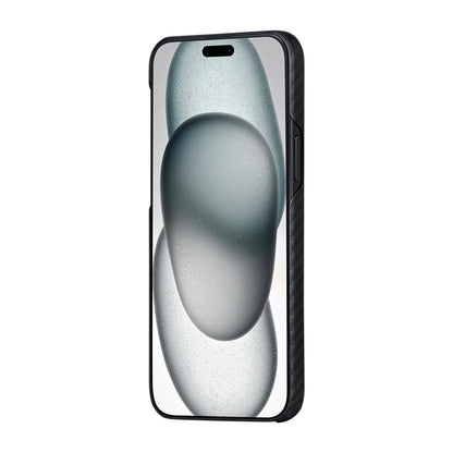 Apple iPhone 15 Plus Kılıf M-safe Şarj Özellikli 1500D Aramid Fiber Pitaka Ultra-Slim Classic Serisi Black-Grey Twill Kapak Siyah-Gri