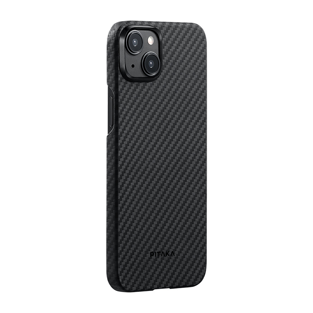 Apple iPhone 15 Plus Kılıf M-safe Şarj Özellikli 1500D Aramid Fiber Pitaka Ultra-Slim Classic Serisi Black-Grey Twill Kapak Siyah-Gri