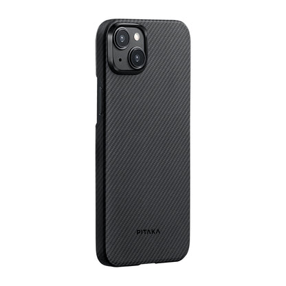 Apple iPhone 15 Plus Kılıf M-safe Şarj Özellikli 600D Aramid Fiber Pitaka Ultra-Slim Classic Serisi Black-Grey Twill Kapak Siyah-Gri