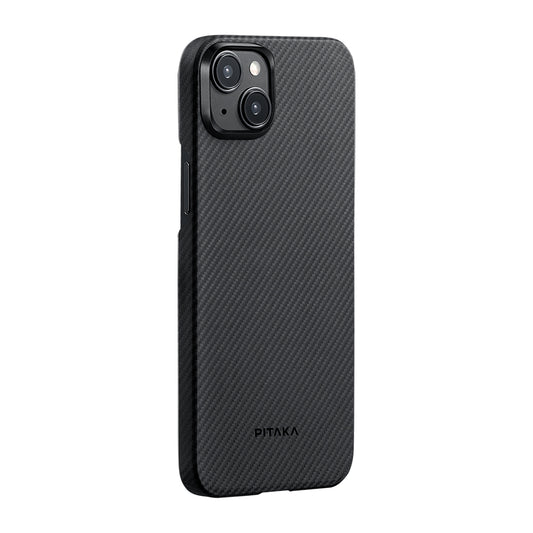 Apple iPhone 15 Plus Kılıf M-safe Şarj Özellikli 600D Aramid Fiber Pitaka Ultra-Slim Classic Serisi Black-Grey Twill Kapak Siyah-Gri