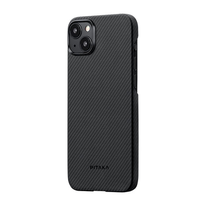 Apple iPhone 15 Plus Kılıf M-safe Şarj Özellikli 600D Aramid Fiber Pitaka Ultra-Slim Classic Serisi Black-Grey Twill Kapak Siyah-Gri
